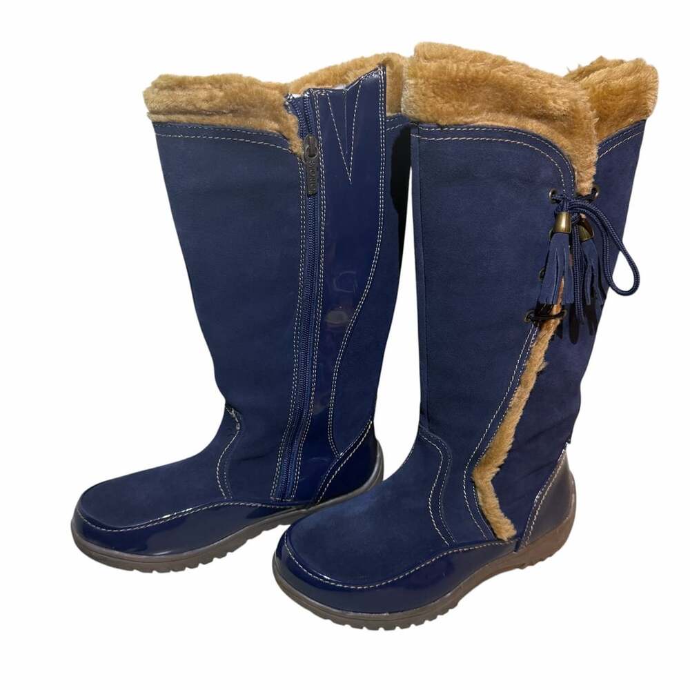 Sporto Sidewinder Waterproof Suede Tall Boots Navy Blue Faux Fur Tassels Size 7W